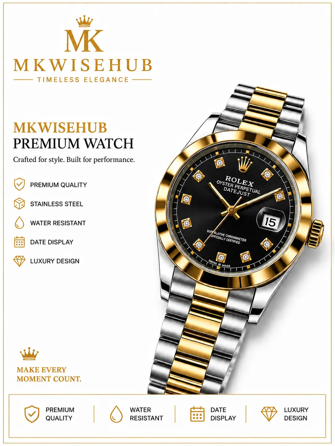 Men's Luxury Two-Tone Gold Stainless Steel Watch | MKWISEHUB My Store