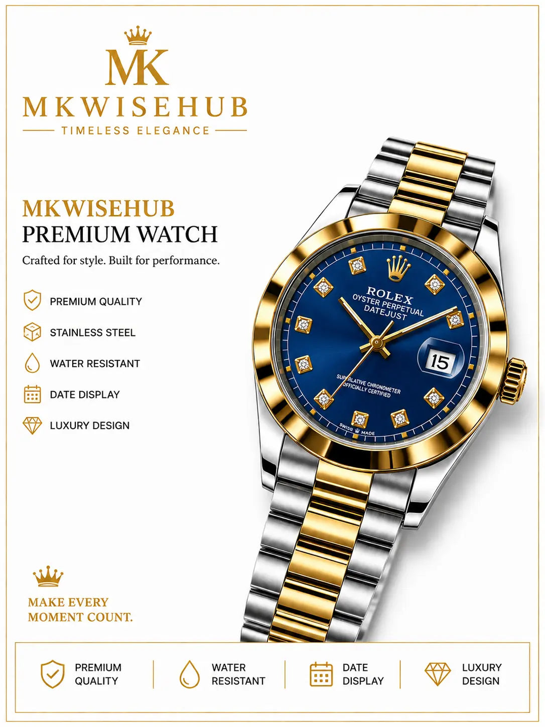 Men's Luxury Two-Tone Gold Stainless Steel Watch | MKWISEHUB My Store