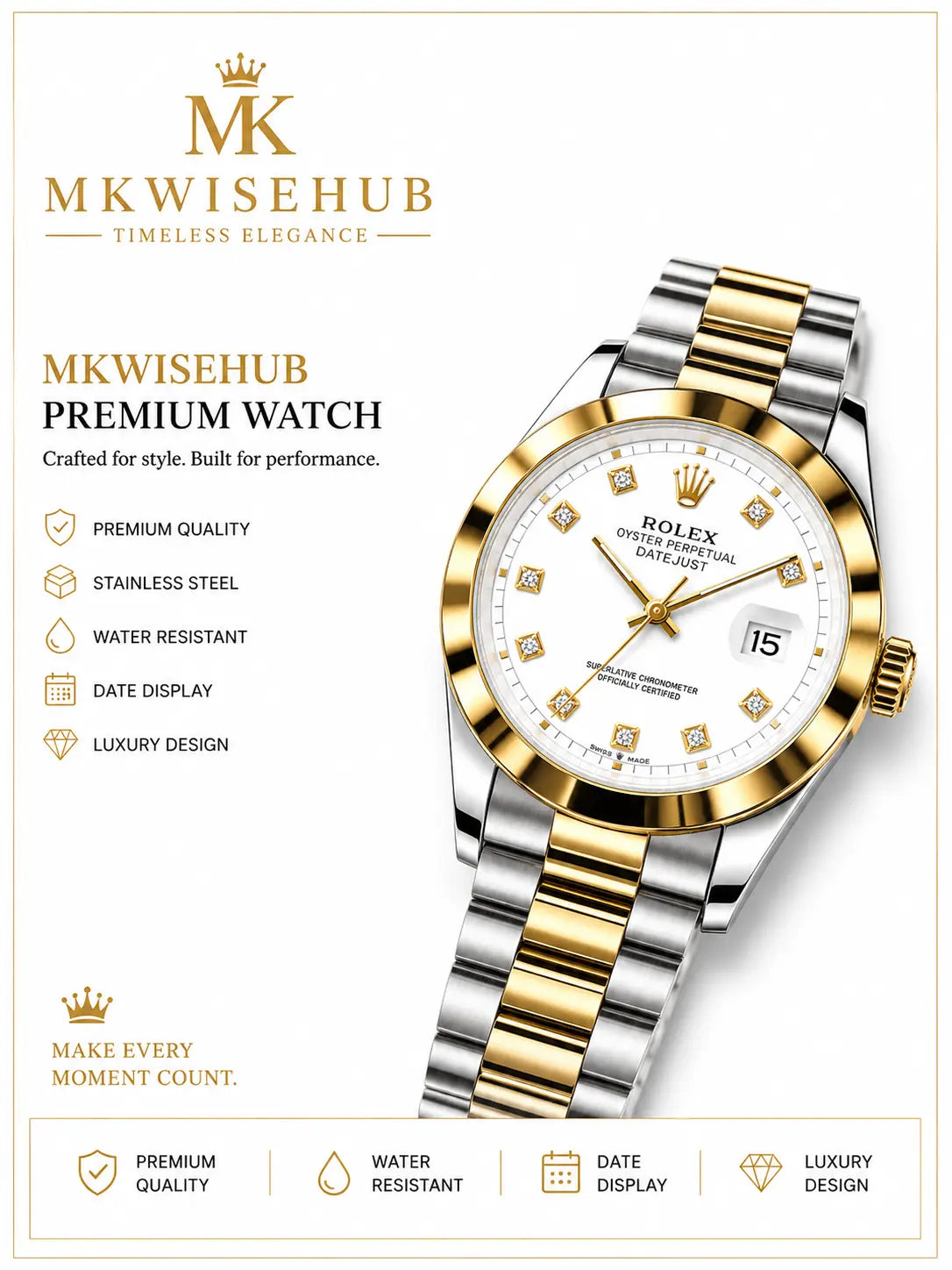 Men's Luxury Two-Tone Gold Stainless Steel Watch | MKWISEHUB My Store